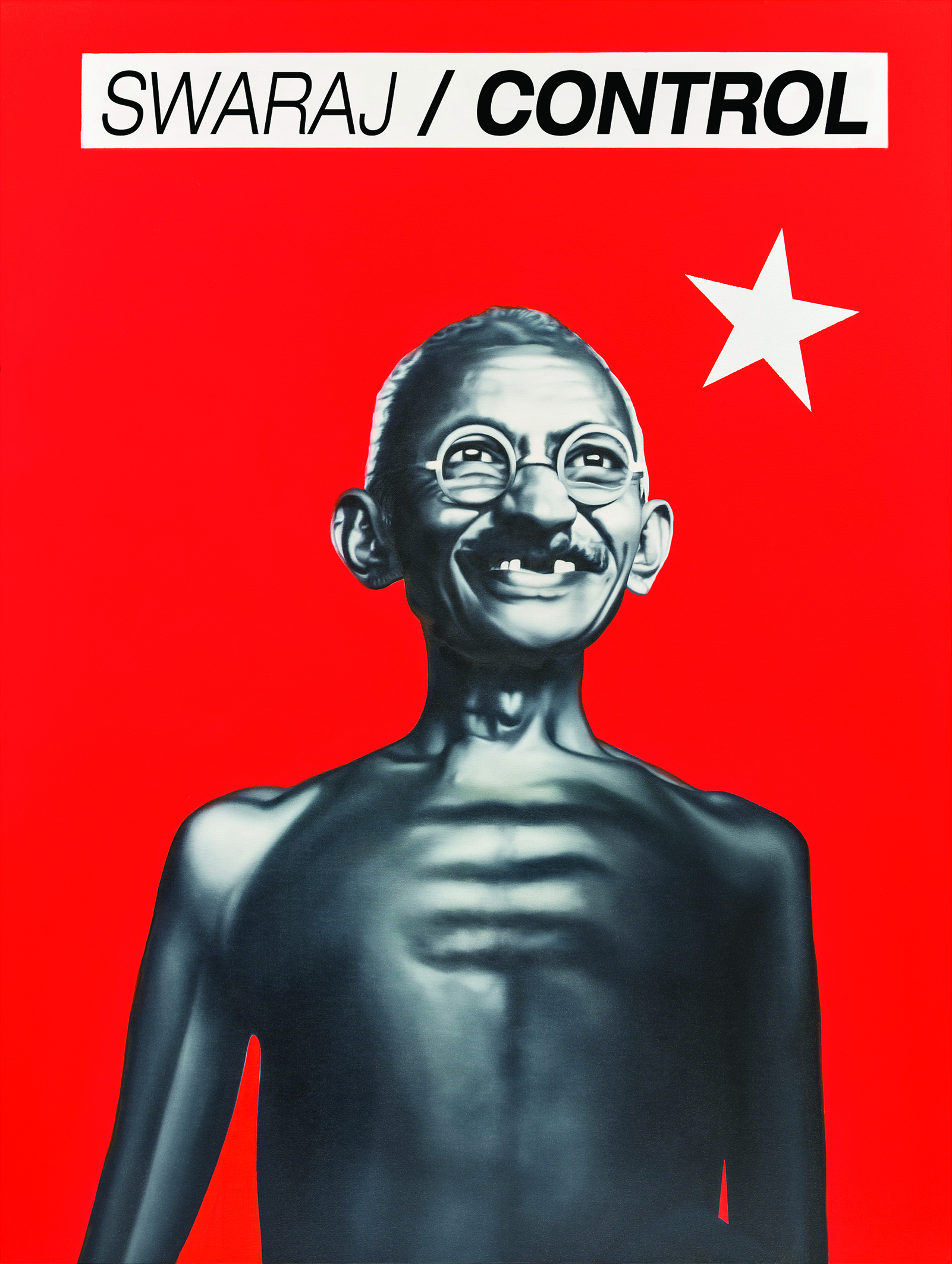 Bare-chested, grayscale image of Gandhi against a field of red with one white star situated to the right of his head. Title text reads “Swaraj / Control.”