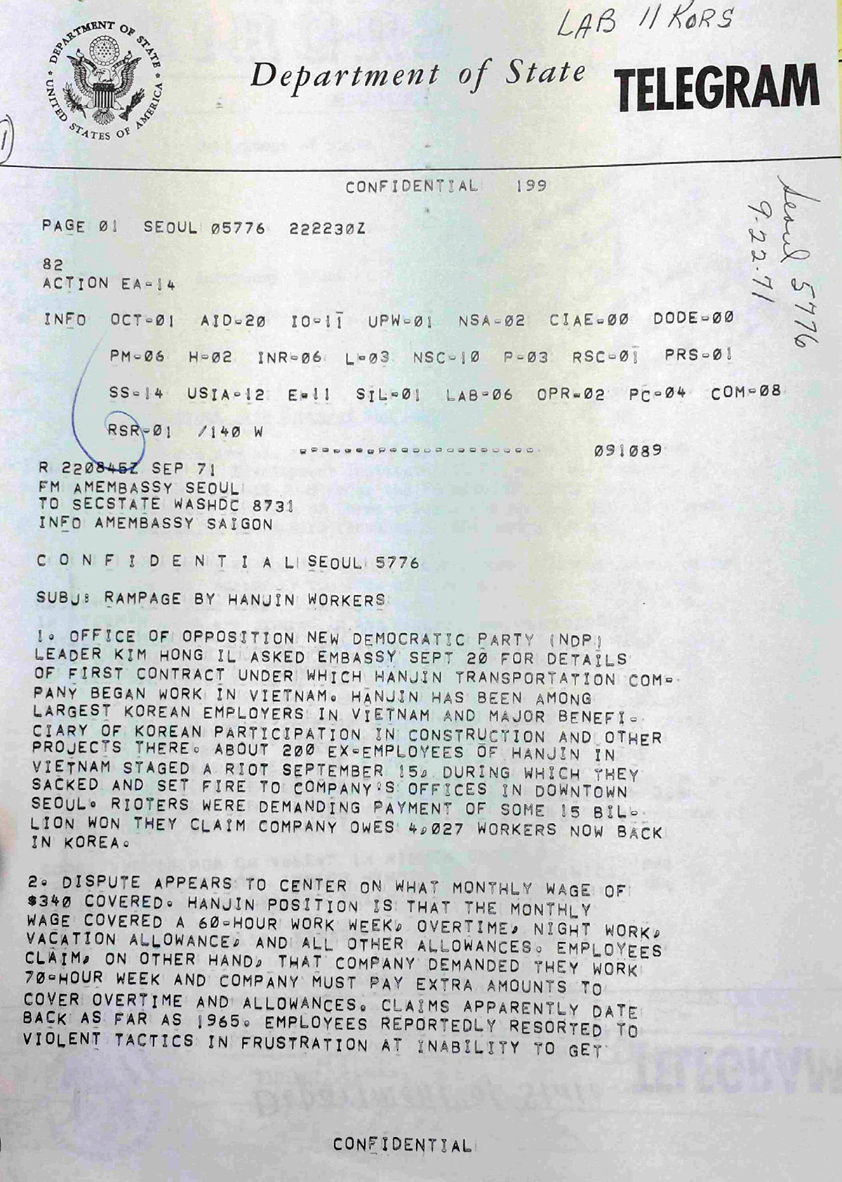 A page labeled “Confidential” with the US Department of State seal and name in the header above a typed message in all caps.
