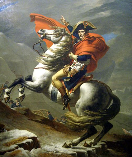 Painting of Napoleon in full military uniform atop a white horse. The horse is pivoted onto its hind legs, and Napoleon, pointing skyward with his freehand, is looking toward the viewer.