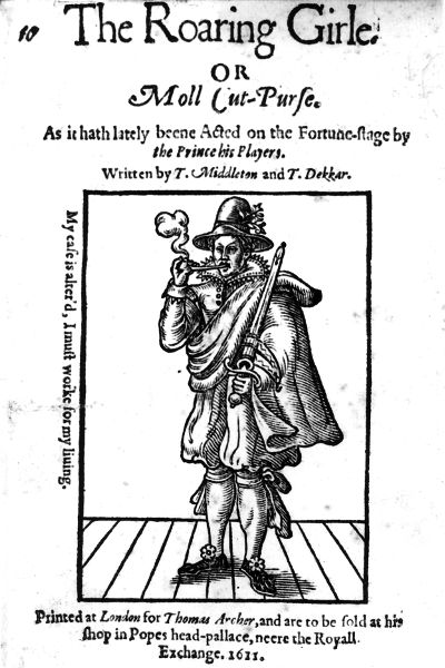 Between the title and publisher information is a woodcut of what appears to be a male figure in period garb smoking a pipe and holding a sword