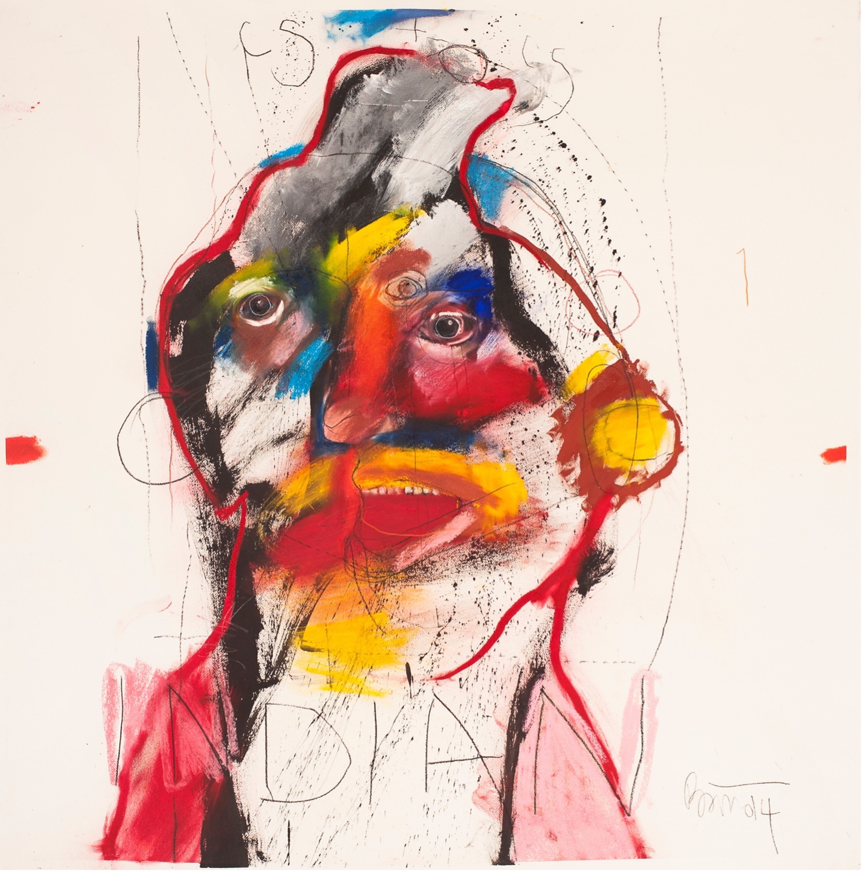 A colorful drawing of an ambiguous face with some recognizable features. “CS INDIAN” is written across the image in pencil.