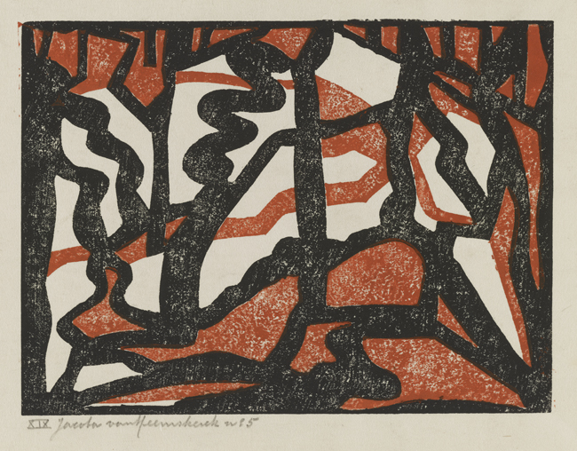 The exhibit showcases an artwork by Jacoba van Heemskerck van Beest titled “Composition.” This woodcut, created with two colors, presents isostatic lines in black, red, and white shades, forming elegant and graceful curves and shaded areas.