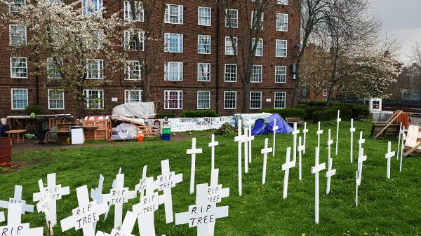 Protest installation at the demolition of Old Tidemill Garden documenting the loss of tress in a space adjacent to the garden.