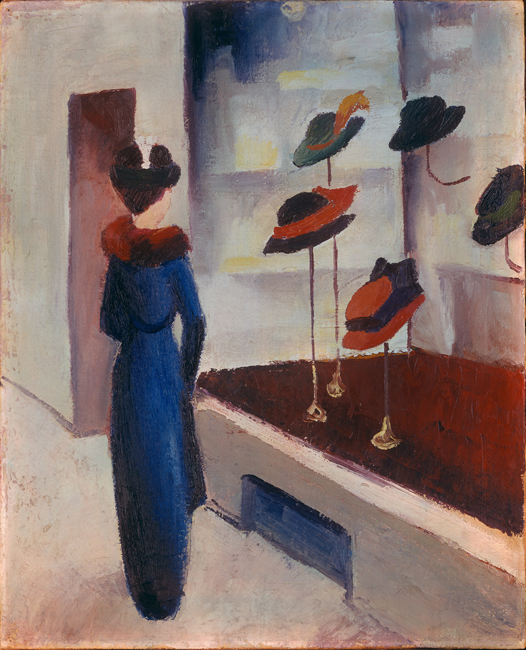 The exhibit showcases a painting depicting a standing woman who is looking at a storefront display featuring hats.
