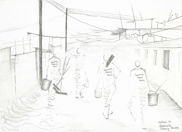 Four youth walk down a path in overalls with “community cleaning services” written on their backs, buckets and brooms in hand.