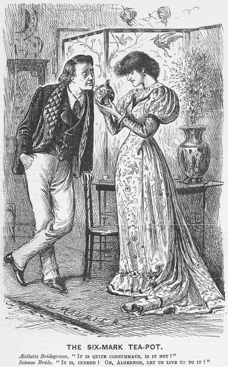A comic diagram a man looking at a woman while he is leaning against a chair’s support. The woman holds and looks at the teapot in her hand. They are in a house standing near a dining table.