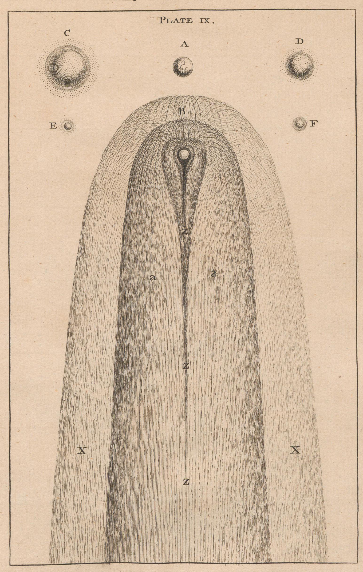 Engraving of a comet with four layers of streaming ejecta in 3D, surrounded by four small round comets and the Earth for size comparison.