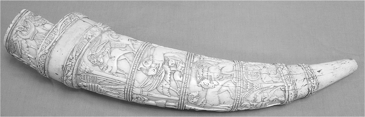 A photograph of carved ivory horn known as olifant, Roland’s horn.