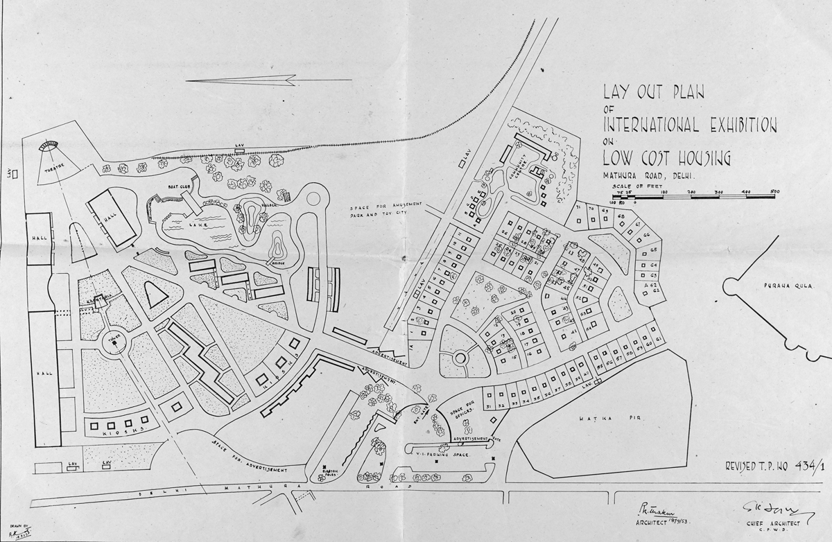Site plan showing the placement of individual pavilions and a community center on the exhibition grounds.