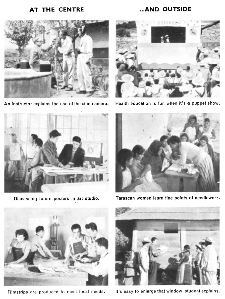Page from a UNESCO report showing six captioned photographs of events, workshops, plays, and meetings held in Patzcuaro.