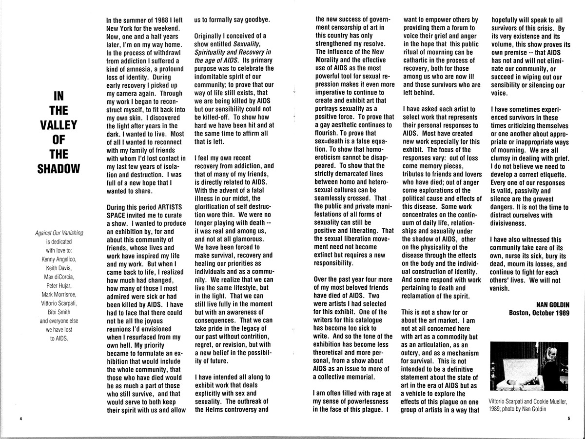 Textual essay that is framed by a list of individuals lost to HIV/AIDS and a photograph depicting a woman walking past an open casket at a funeral.