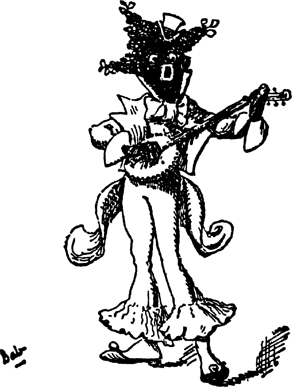 A comic diagram of a man wearing a cap, bell bottoms and his face is painted. He holds a banjo in his hands and is playing the instrument.