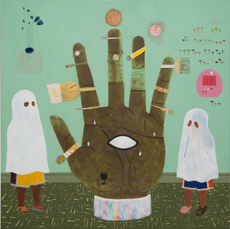 A large Black hand appears in the middle of a room, with watches, brushes and jewellery on its fingers. Its palm features a white eye with a black outline. On either side of the hand appear two figures with ghost like costumes over their faces, neck and torsos.