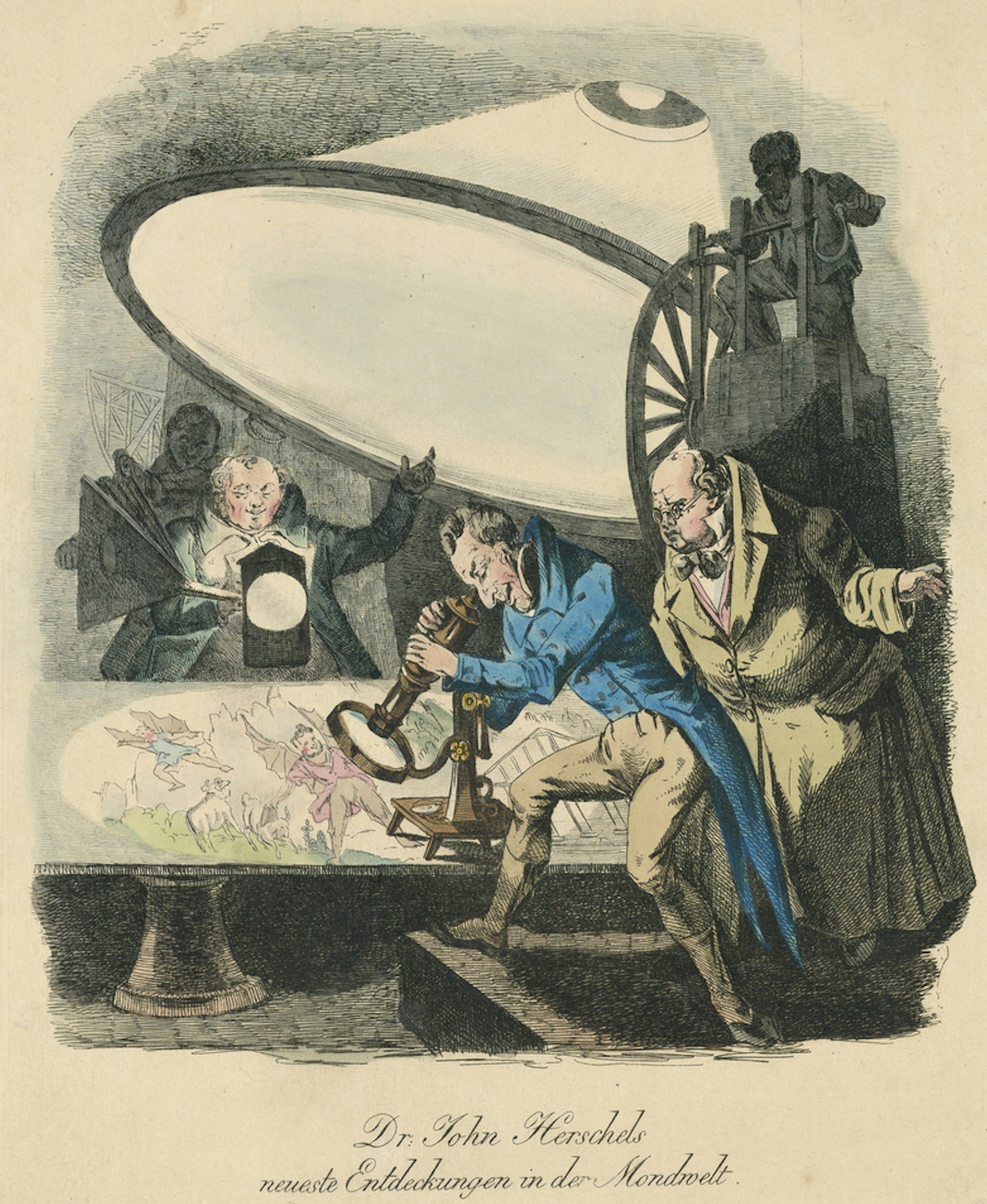 Engraving of three astronomers observing lunar animals and humanoids projected from a telescope on a table, with two attendants in the background.