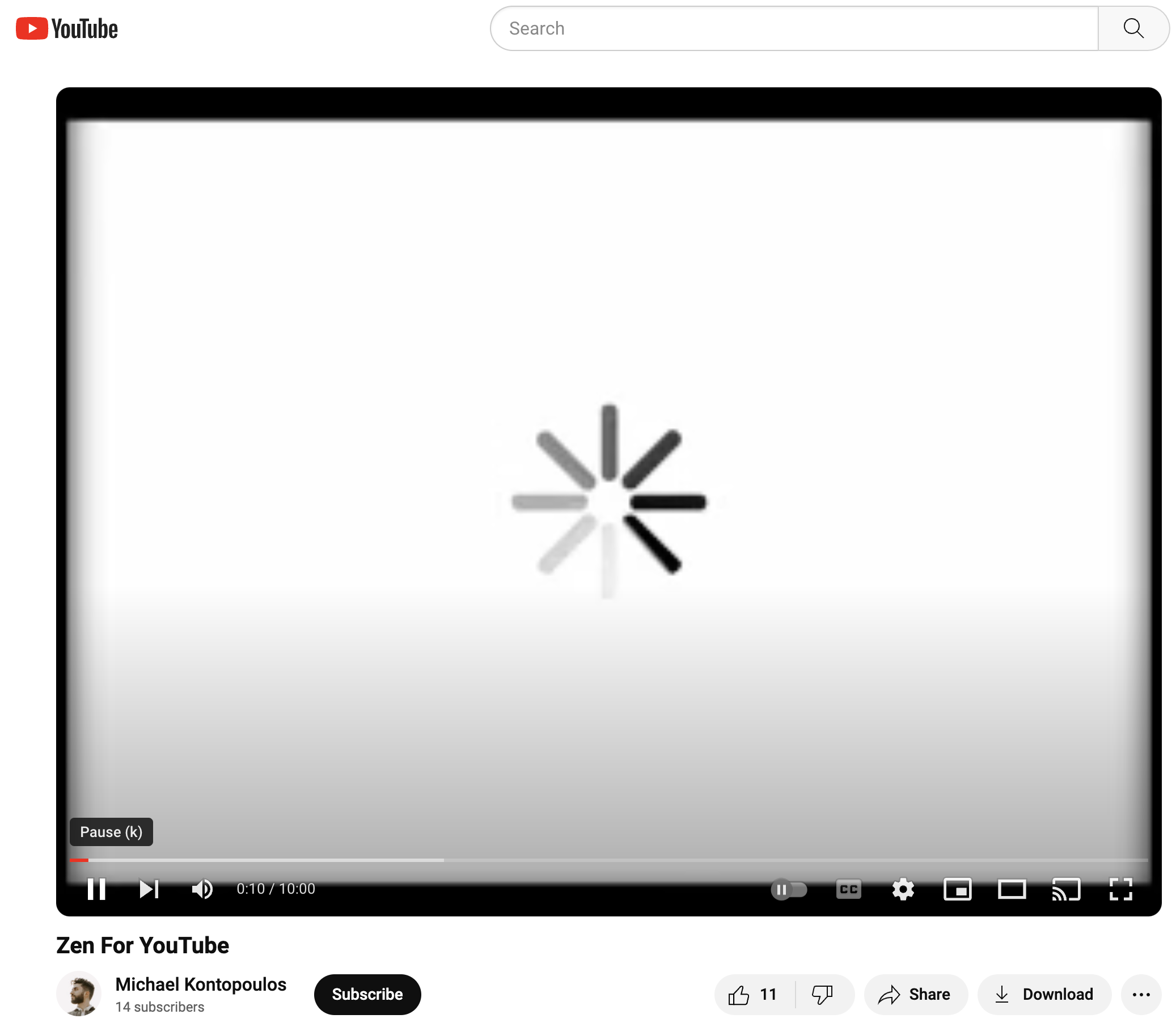 A YouTube video capture showing a loading icon in the center of a white square titled “Zen for YouTube.”