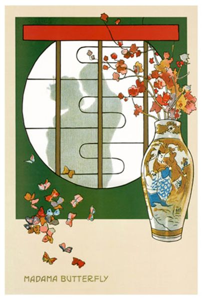 An embracing couple silhouetted in a marumado on a green wall appear about to kiss. Below are the words “Madama Butterfly” in light green text.