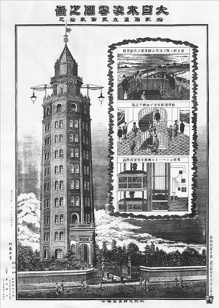 The tower stands on the left, and a triptych inset on the right shows the panoramic view from the tower, its spiral staircase, and its elevator.