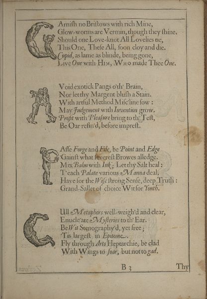 Page of text with ornate letter forms beside each paragraph; the forms shape the letters, G, A, P, and C from the drawings of human figures.