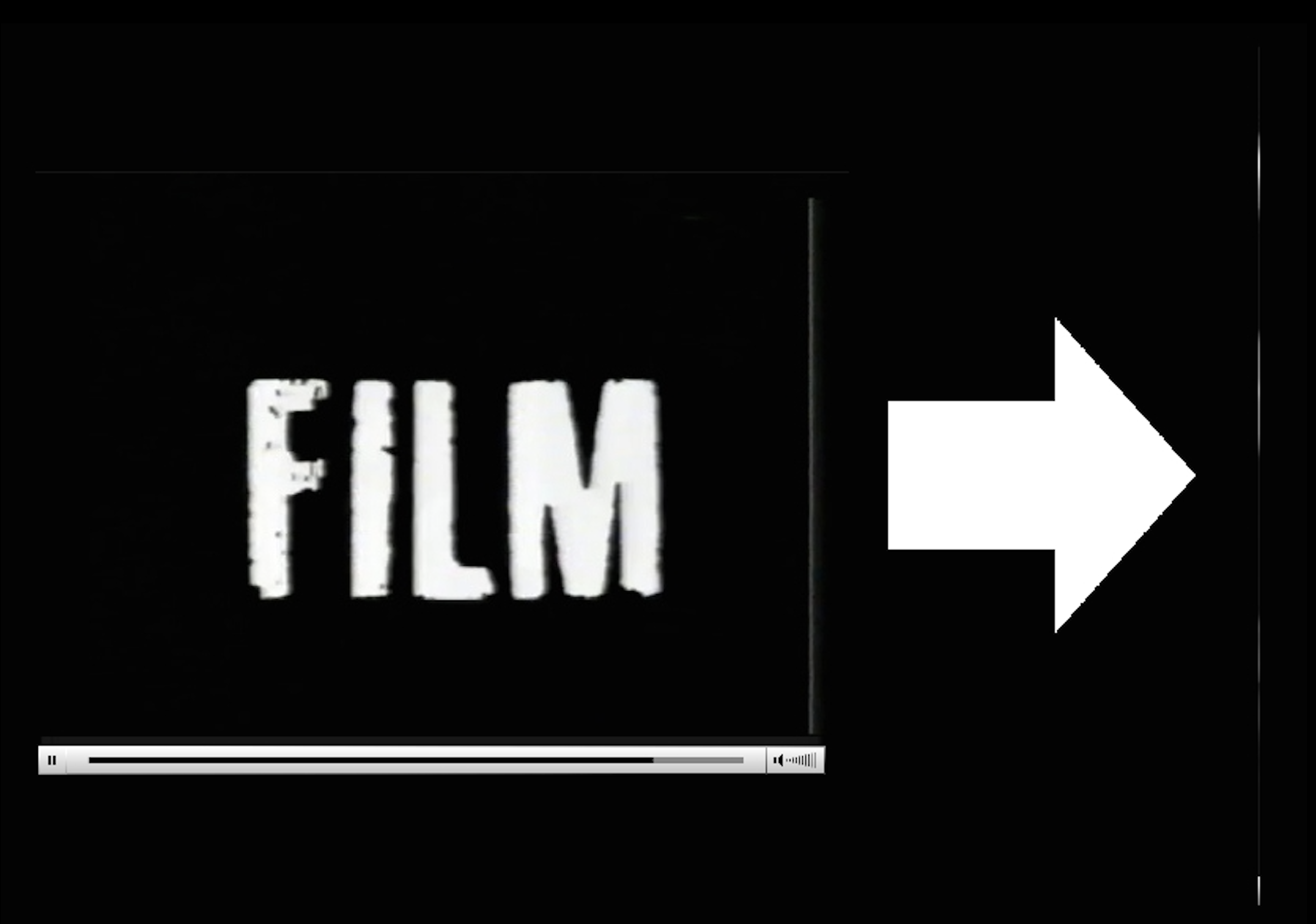 The word “FILM” in large, bold, white letters on a black background on the left and a large arrow pointing right to a single vertical line of pixels.