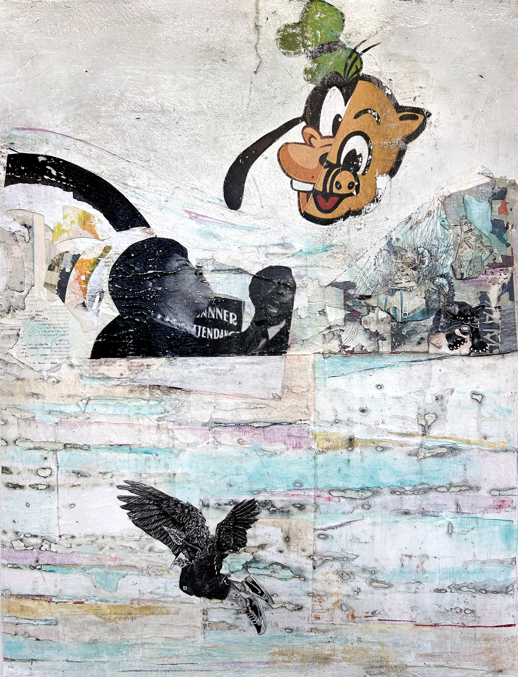 Collaged fragments of a Black Man and Woman; an Eagle; Disney character feature on top of a pastel striped background.