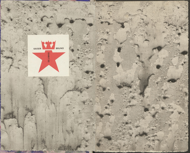The exhibit features Anna Scheerbart’s front endpaper for Paul Scheerbart’s “Glasarchitektur.” The display includes a logo consisting of a star with the top tail substituting for a crown, bearing the text “KAISER BRUNO EX LIBRIS.”