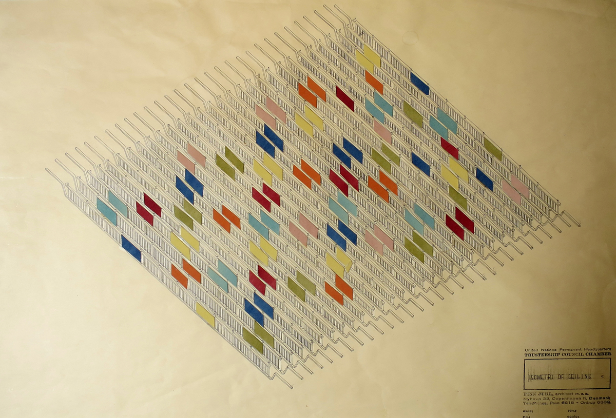 Drawing of Finn Juhl’s proposal for a ceiling grid to mount flags.