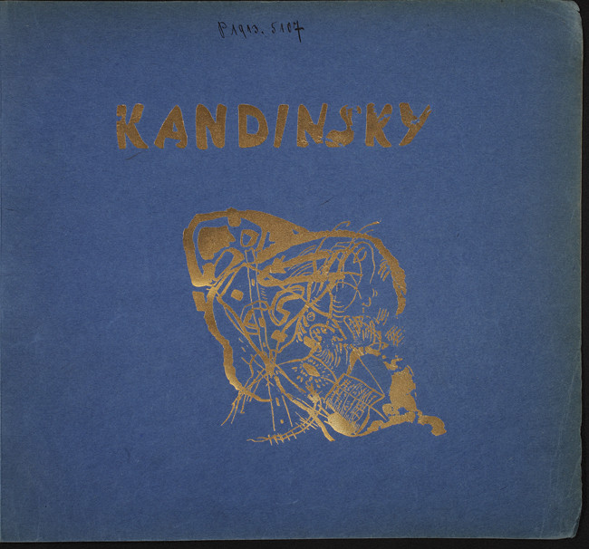 The exhibit showcases the cover of Herwarth Walden’s “Kandinsky,” featuring an abstract artwork.