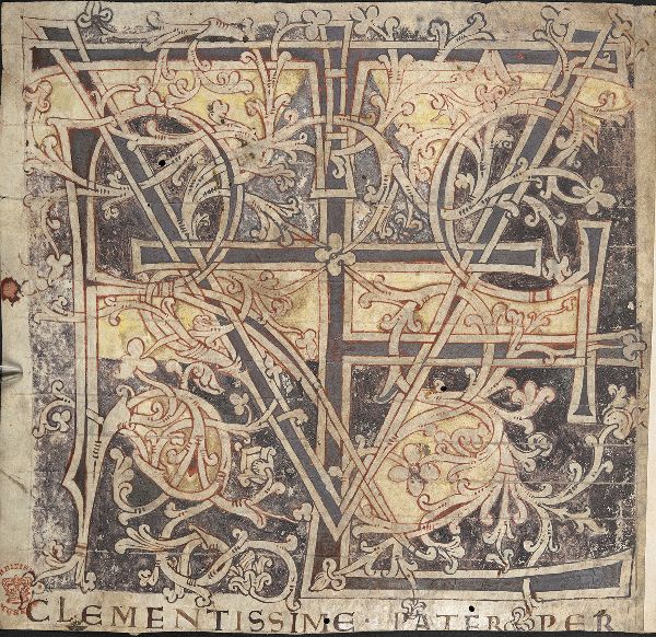 An illumatined letterform with overlapping T, V, E, and L forms obvious among field of vines. Other letters are revealed through closer inspection.