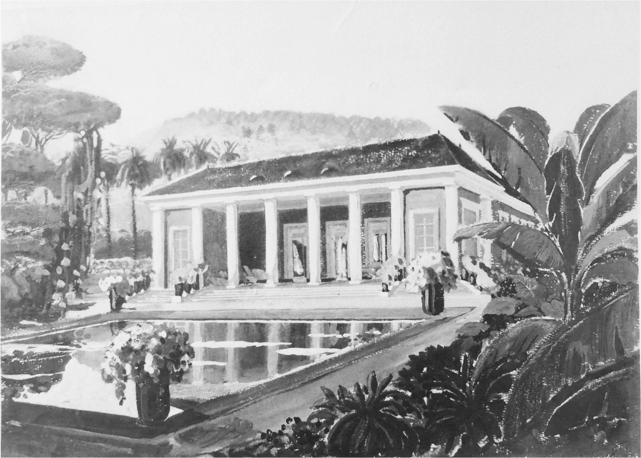 Facade of the reunion pavilion of the Colonial Exhibition with a rectangular pond.