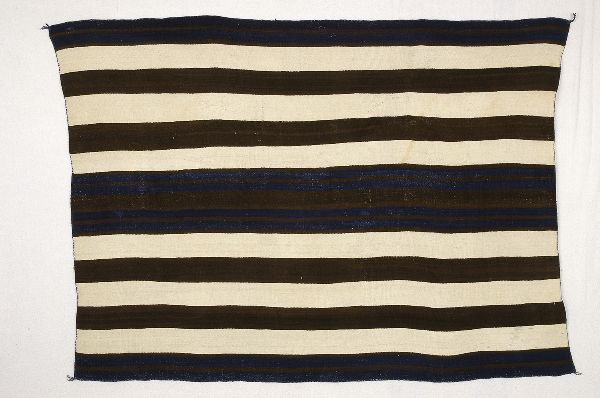 A rectangular woven blanket with blue, brown, and cream horizontal stripes.