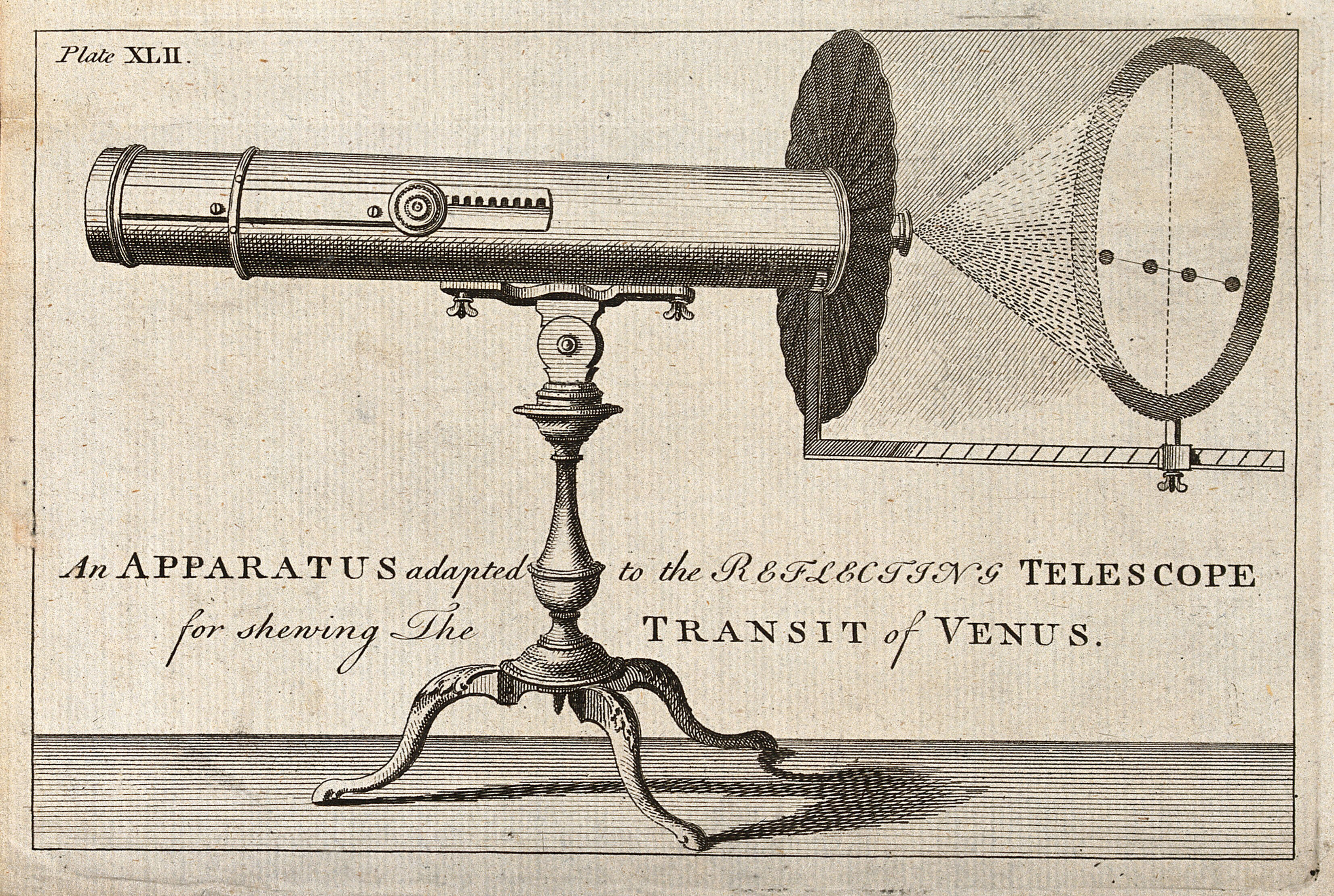 An engraving of a horizontal telescope projecting the Sun disk with four black dots of planet Venus transiting across it.