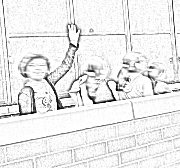 Three girls walk together, all with ponytails. A fourth girl with short hair and an emoji T-shirt turns to the camera, smiles, and waves hello.
