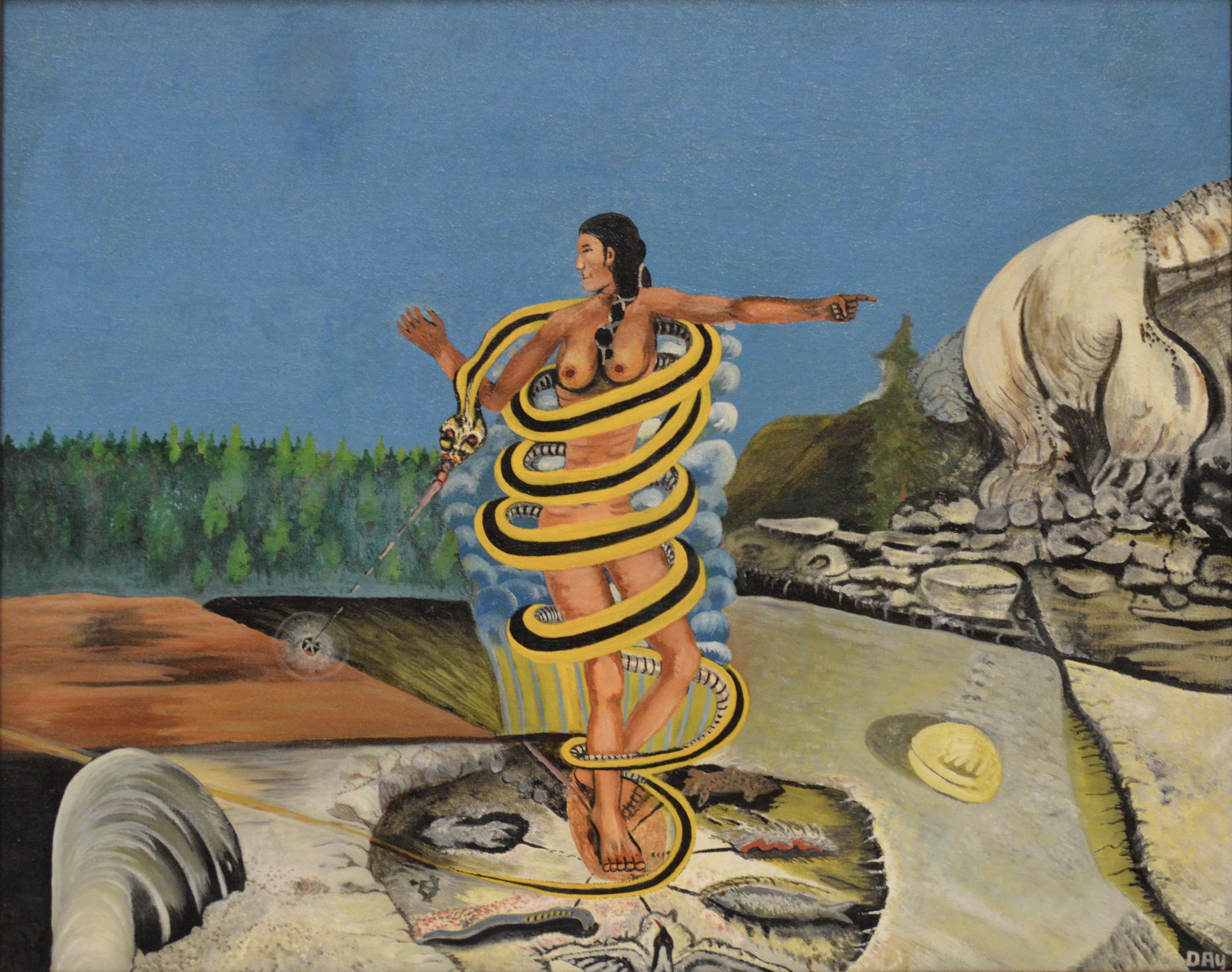 Vibrant painting of a Native American woman, wrapped in a floating snake and whirlwind, dancing in a circle and pointing toward an animal-like hill.
