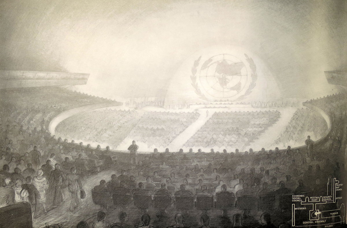 Pencil rendering of a vast curved assembly hall interior full of people looking at an illuminated UN emblem at the center.