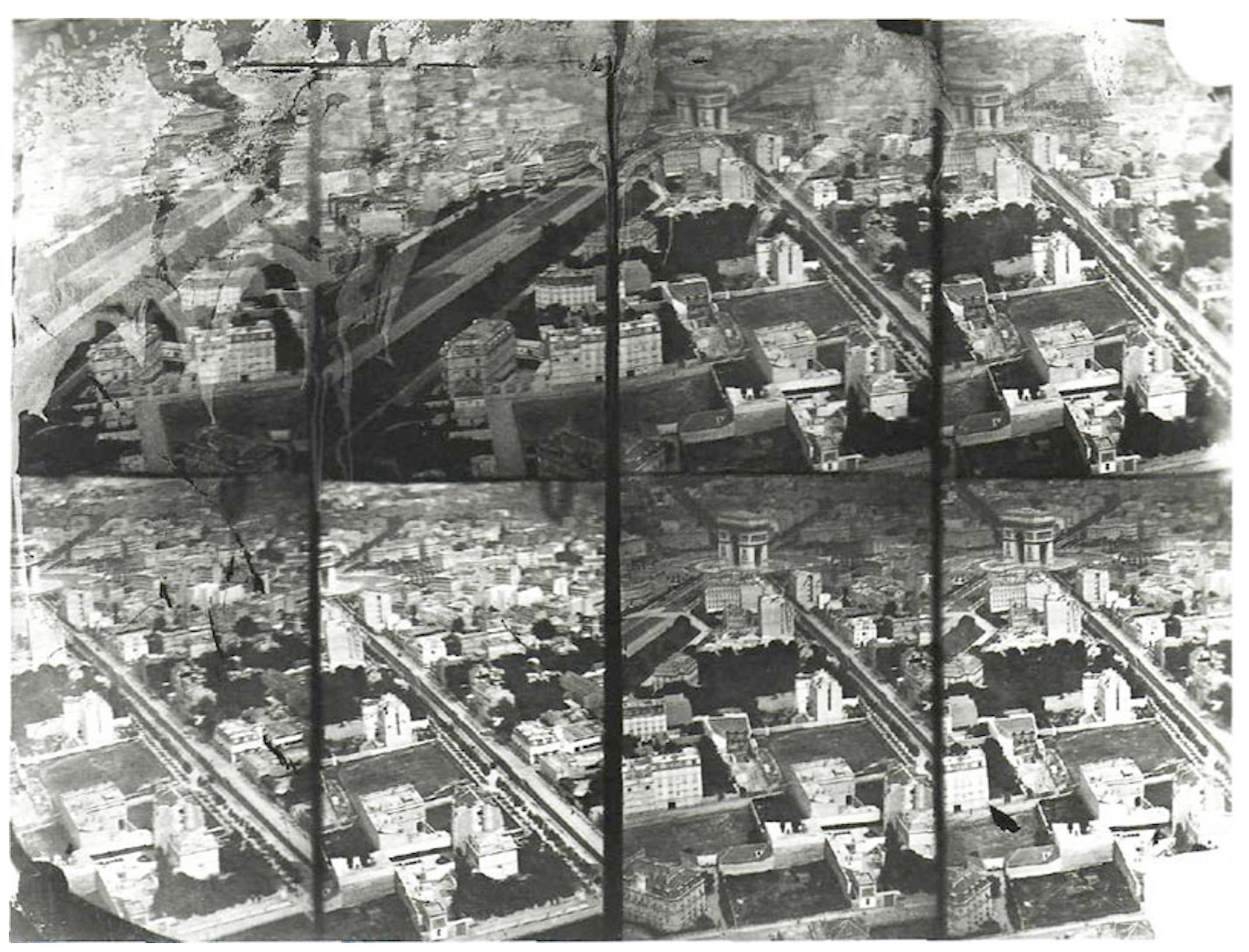 Grid of eight aerial photographs of Paris taken from an air balloon.