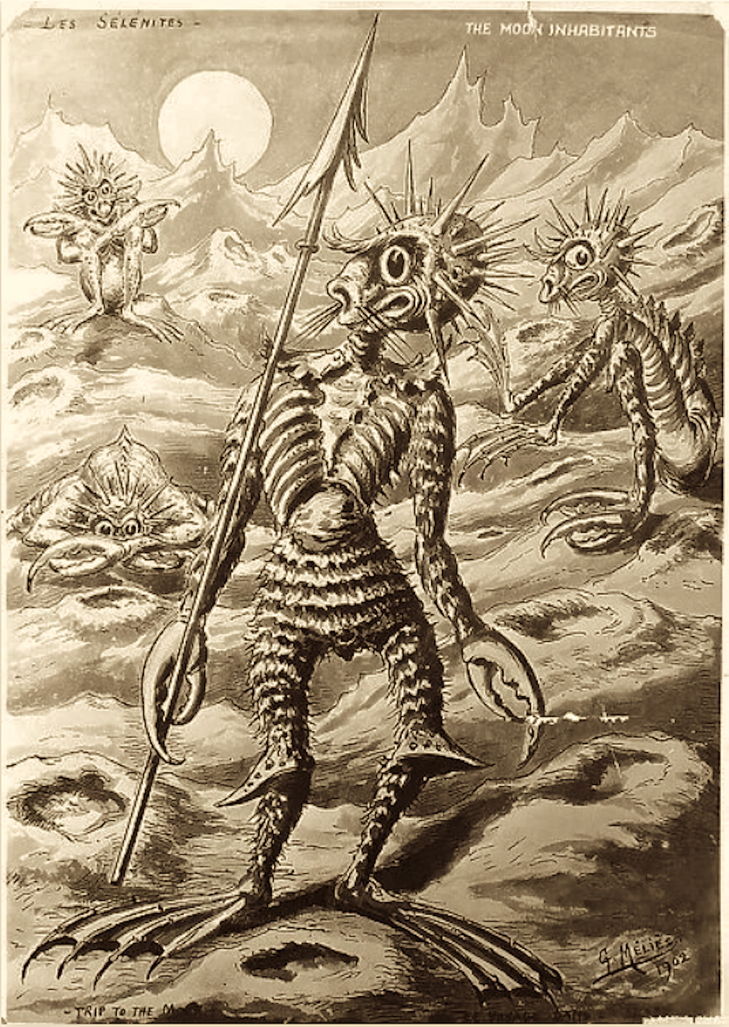 Watercolor of four Selenites on the Moon surface depicted as humanoids with lobster claws and spikes on their heads with one holding a spear.