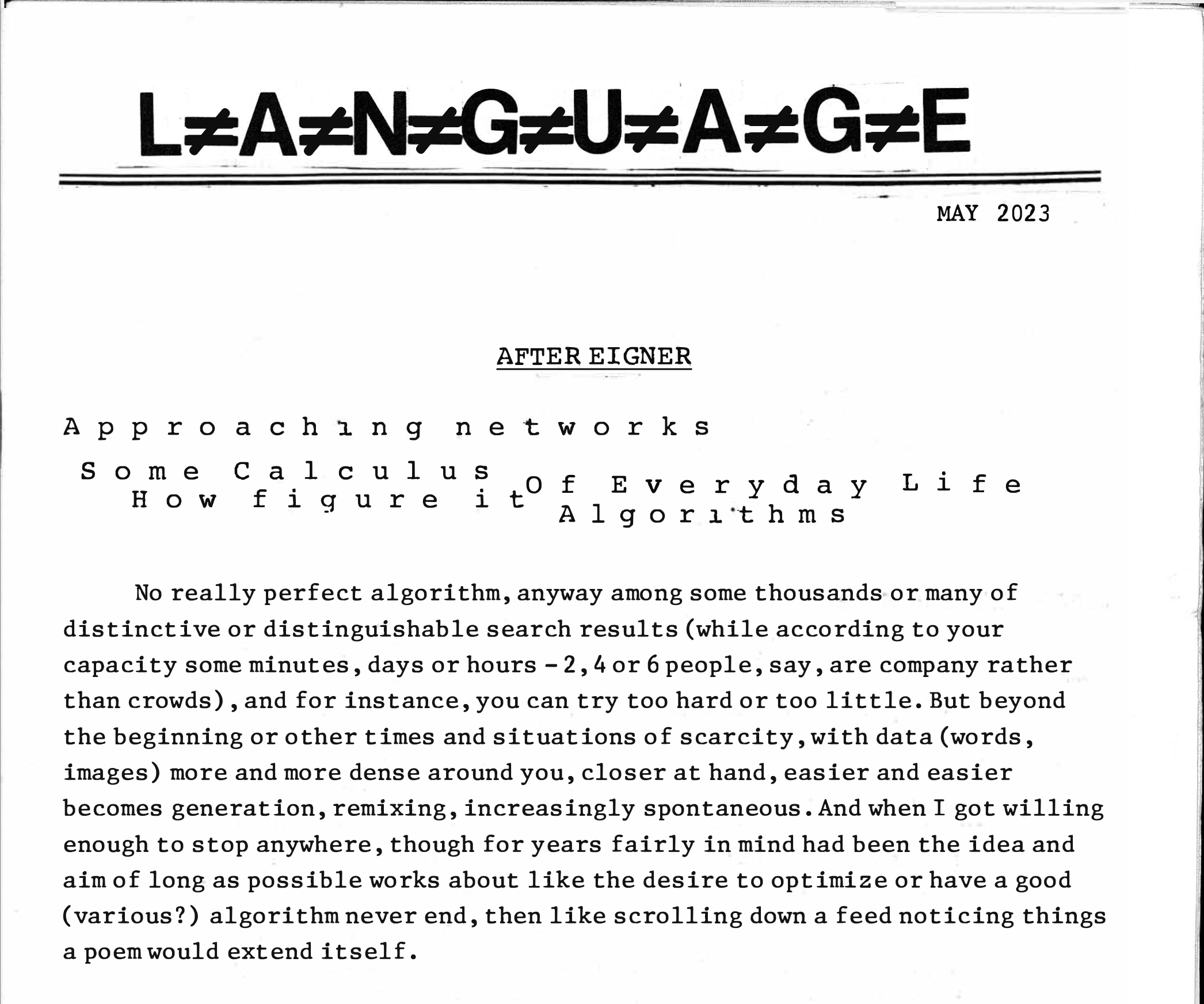 Facsimile remix of the first issue of L=A=N=G=U=A=G=E magazine.