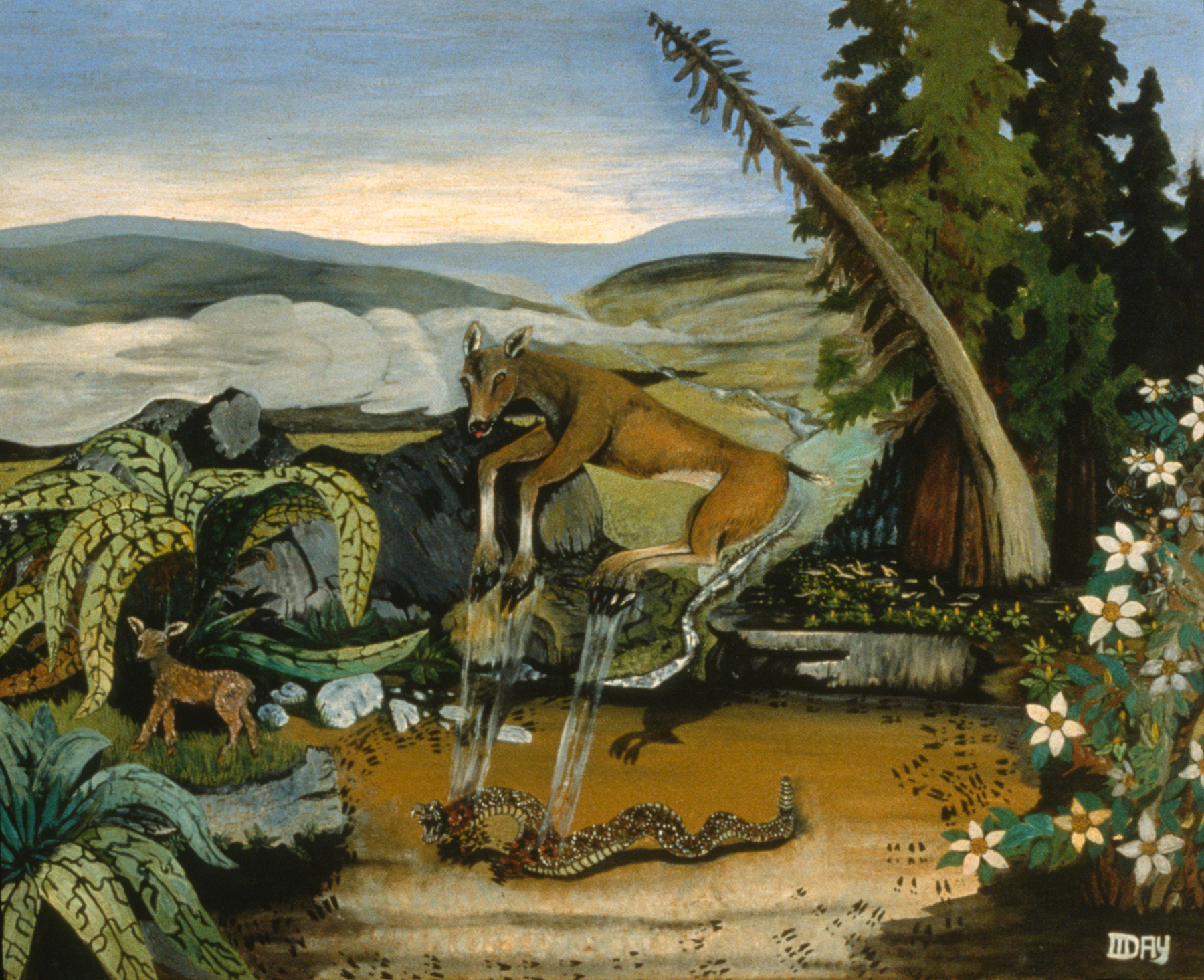 Vibrant painting of a deer stomping on a fanged snake while her fawn hides nearby.