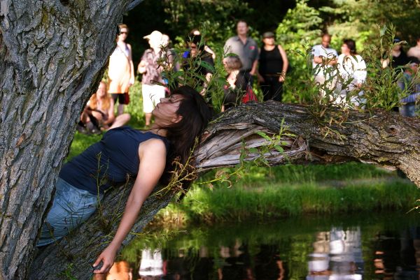 A woman lies on her back at the base of a tree trunk branch that extends over water. Her eyes are closed, her arm dangling. Viewers watch from shore.