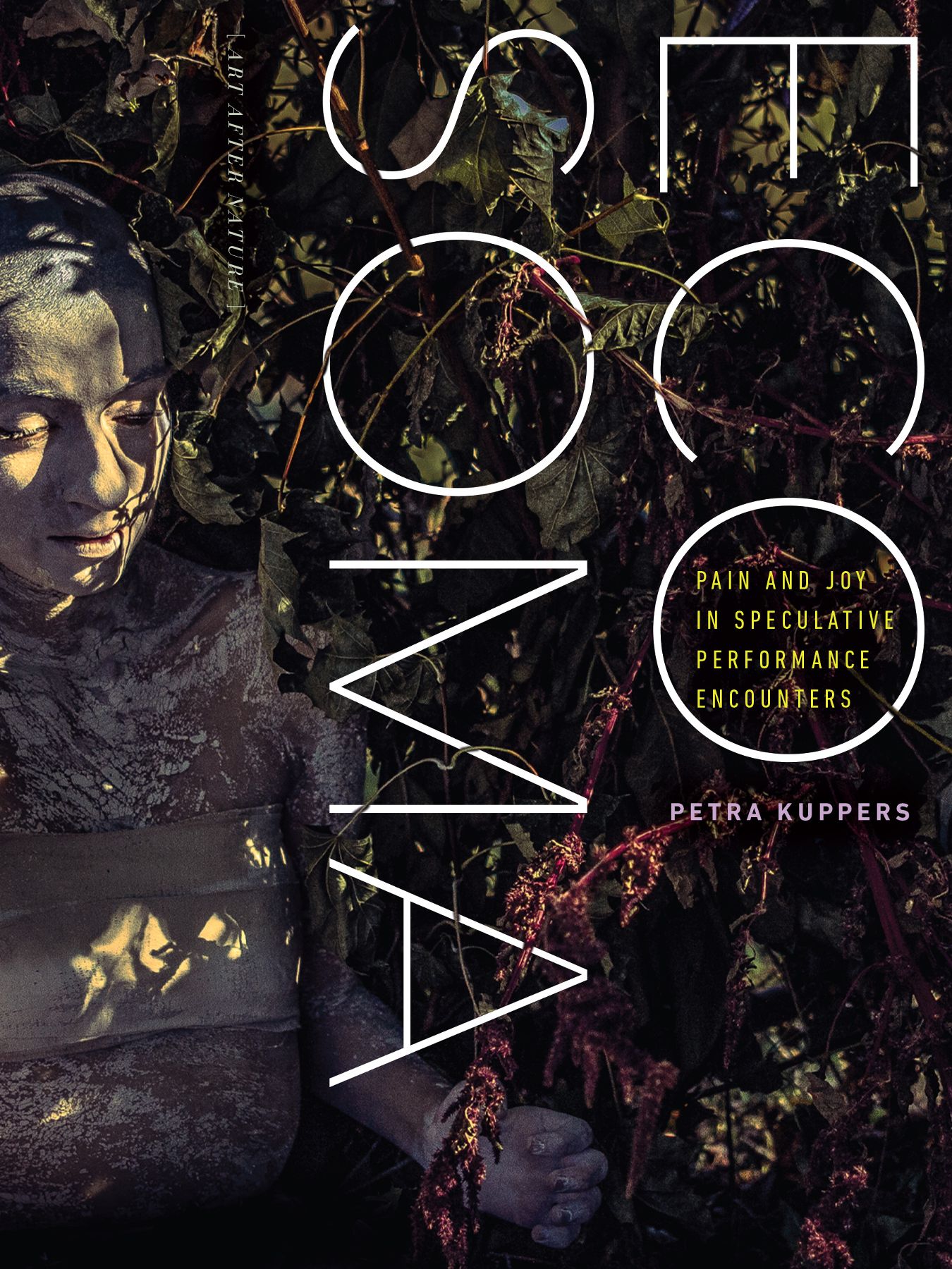 A person covered in white clay standing among vegetation. The plants twine in and out of the book title.