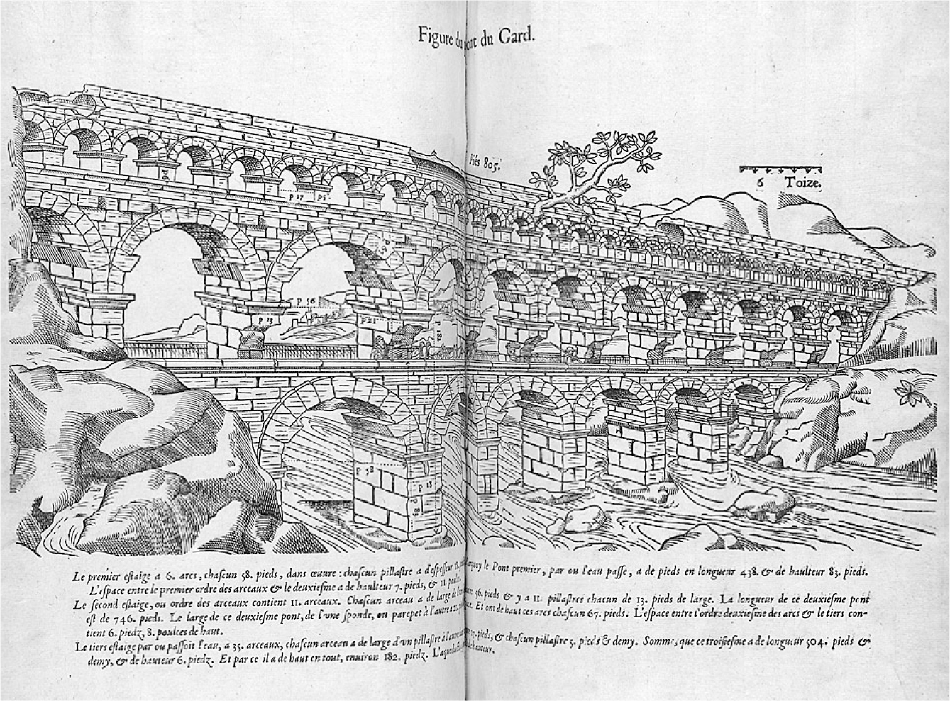 The exhibit features a woodcut image of the Pont du Gard, a Roman aqueduct bridge, from the 1560s, providing a historical representation of the structure in the context of early modern mapping.