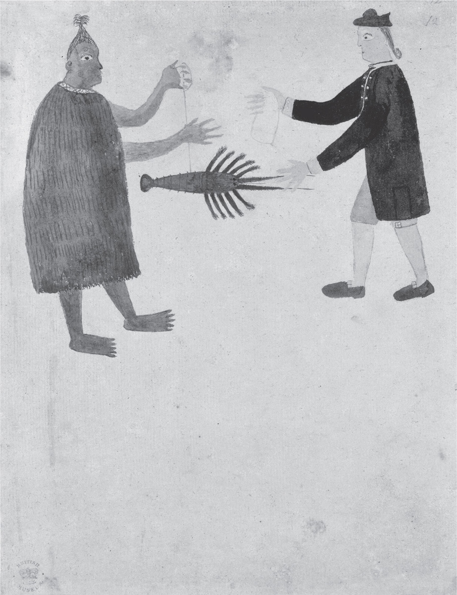 A drawing of a person holding a crayfish with a twine tied to it. Another person is standing on the opposite side of him and stretching his hands forward.