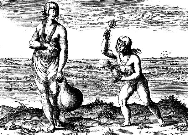 Depiction of a Native American woman and young child standing on the shore of a waterway.