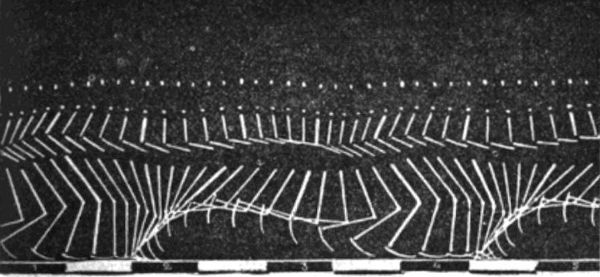 A time-lapsed photo shows the person with the suit from above running against a blank screen. The white lines on the person's side illustrate the motion of their body as they move.