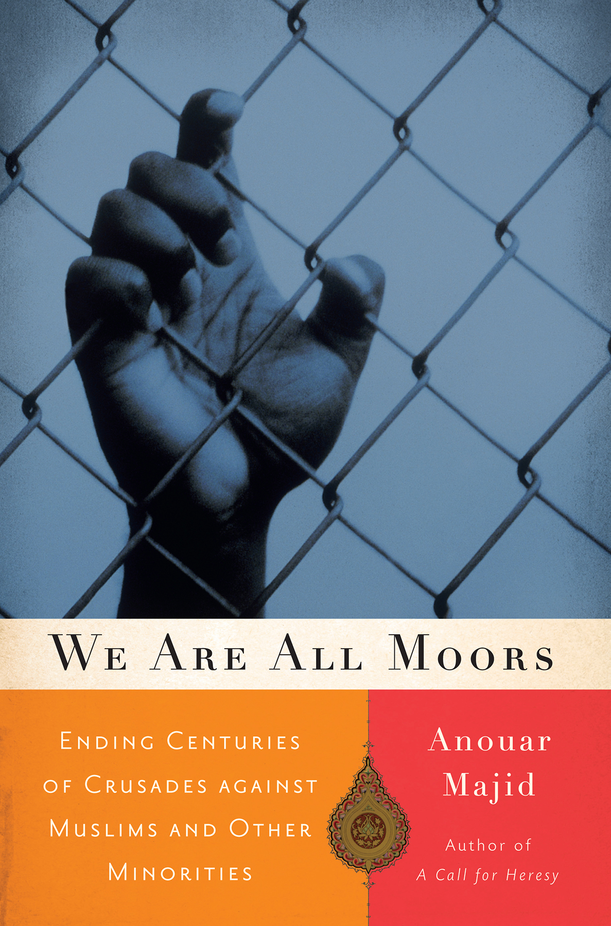 Grayscale image of a hand holding a chainlink fence. At bottom subtitle and author appear in orange and red boxes; with main title above them.