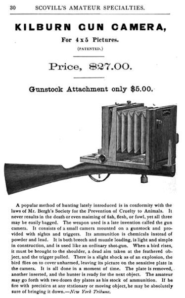 Nineteenth century advertisement that features a drawing of a gun camera: a rifle stock affixed to an accordion-style camera. The device is priced at $27.00, though the gunstock attachment is noted as only costing $5.00.