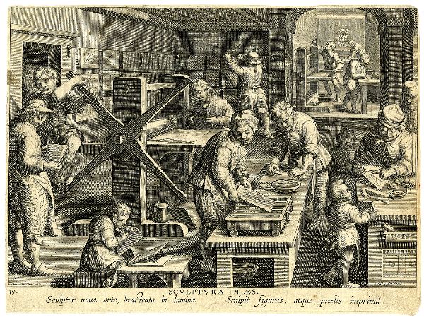 Men and children working on setting type and running a printing press.