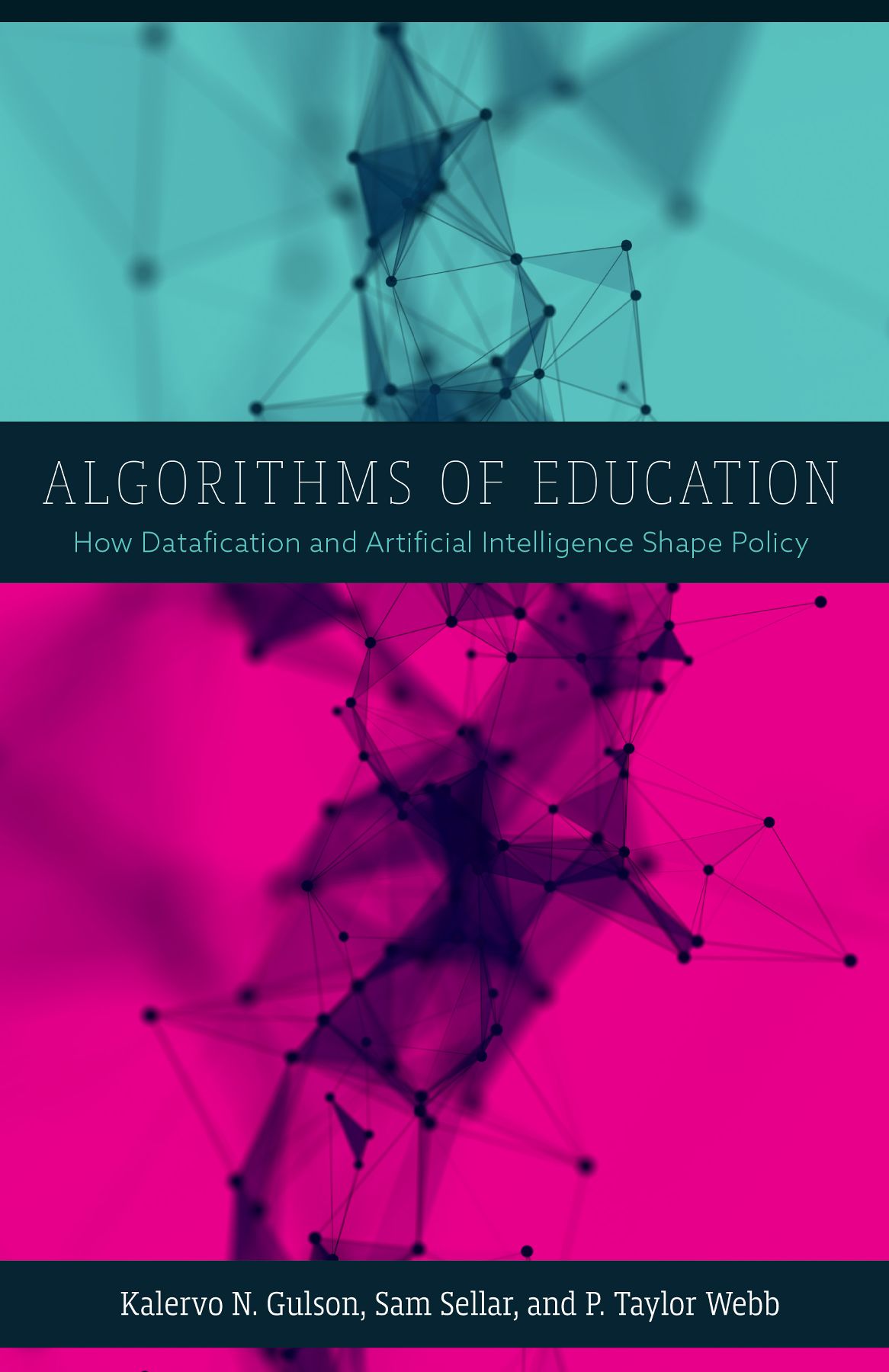 Title in a rectangular block over a data visualization made up of an array of circular nodes connected by straight lines and shaded in aqua and pink.