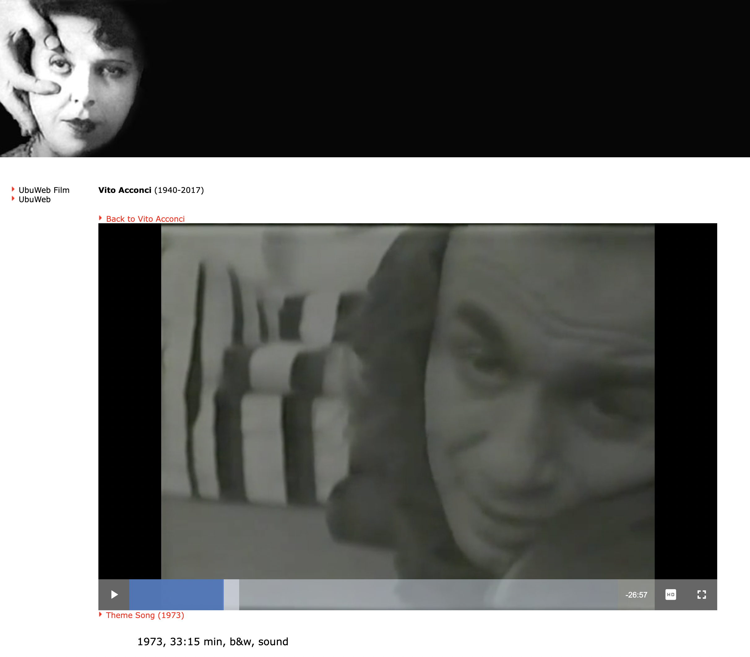 A still with the same scene of Acconci, zoomed out to reveal the UbuWeb interface with a header featuring a still from Un Chien Andalou.