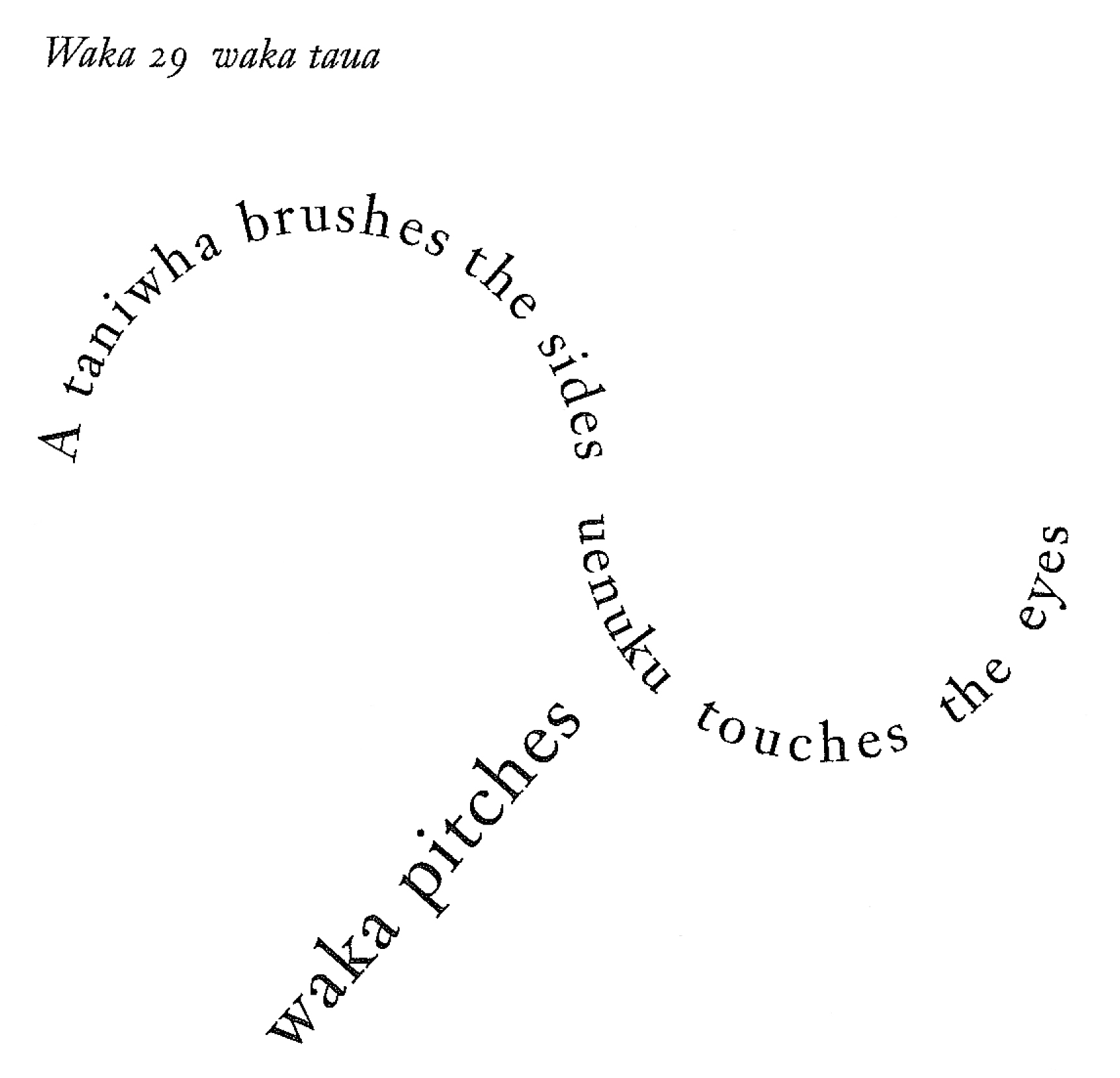 The exhibit showcases text arranged in a wave-like form. The phrase “A taniwha brushes the sides, Uenuku touches the eyes” is presented in a wavy pattern. Additionally, the text “waka pitches” is arranged in a slanted position.